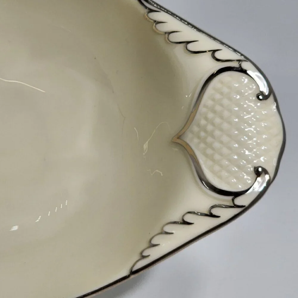 Lenox Vintage Ceramic Oval Serving Dish With Silver Trim and Textured Handles